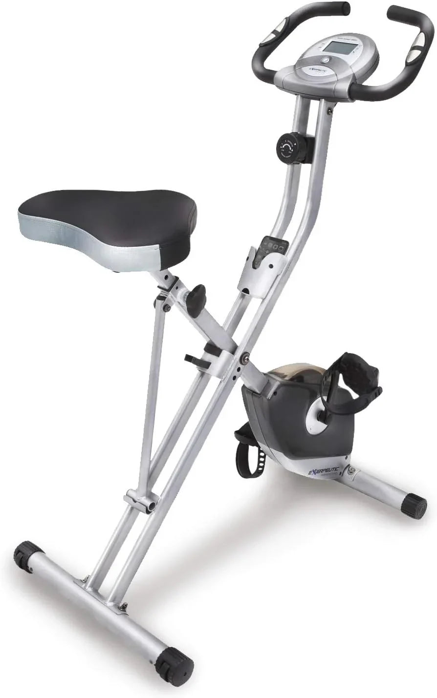 Compact folding exercise bike, 8 different intensity level fixed bikes, featuring Bluetooth tracking function and option for tablet stand.