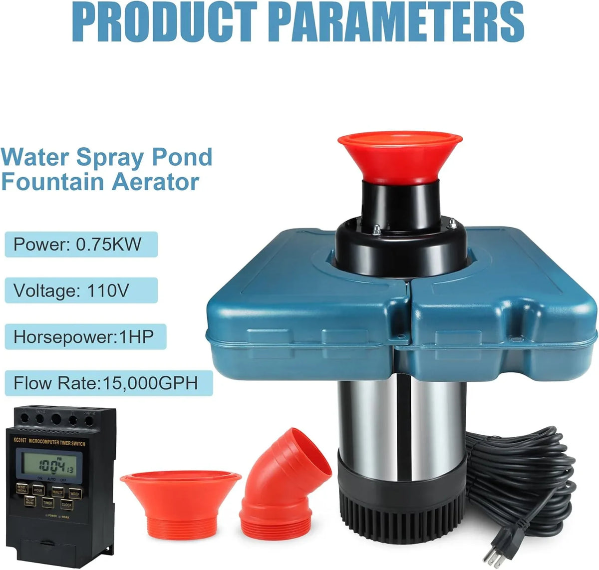 Pool fountain aerator, F2-2 type, 1 horsepower, 750 watts, 110 volts, stainless steel floating fountain, equipped with 100 feet power cord, suitable for fountain waterfalls pumps and hydraulic systems in small and large ponds and lakes.
