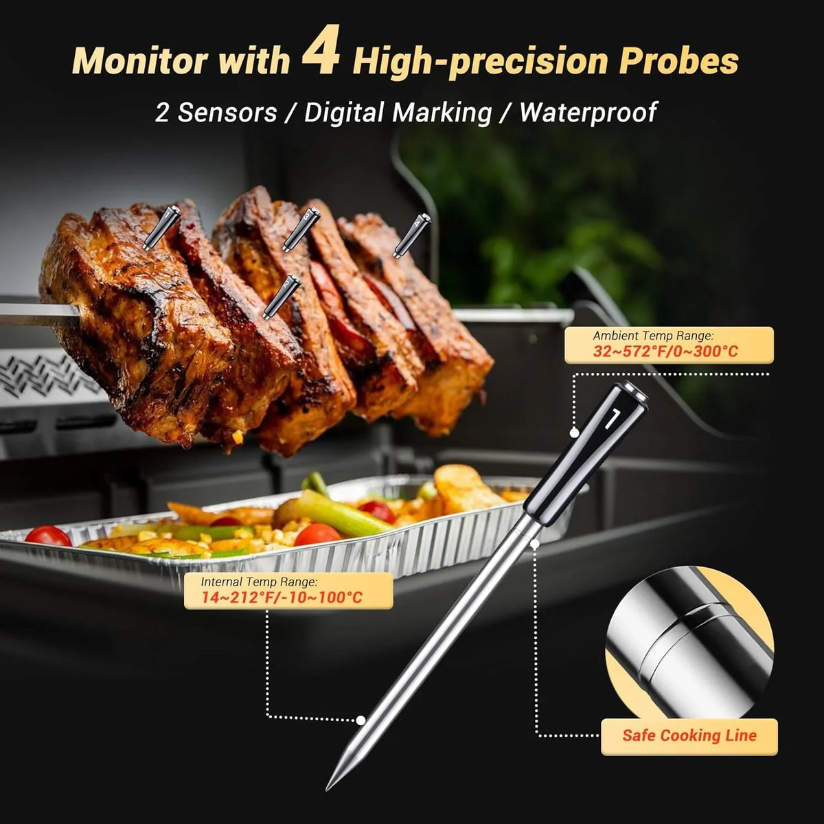 True wireless meat thermometer, equipped with 4 probes, Bluetooth meat thermometer, with backlit LCD display, Wi-Fi-enabled smart food thermometer, rechargeable, suitable for barbecue grills, charcoal grills, ovens, and rotating barbecue racks.