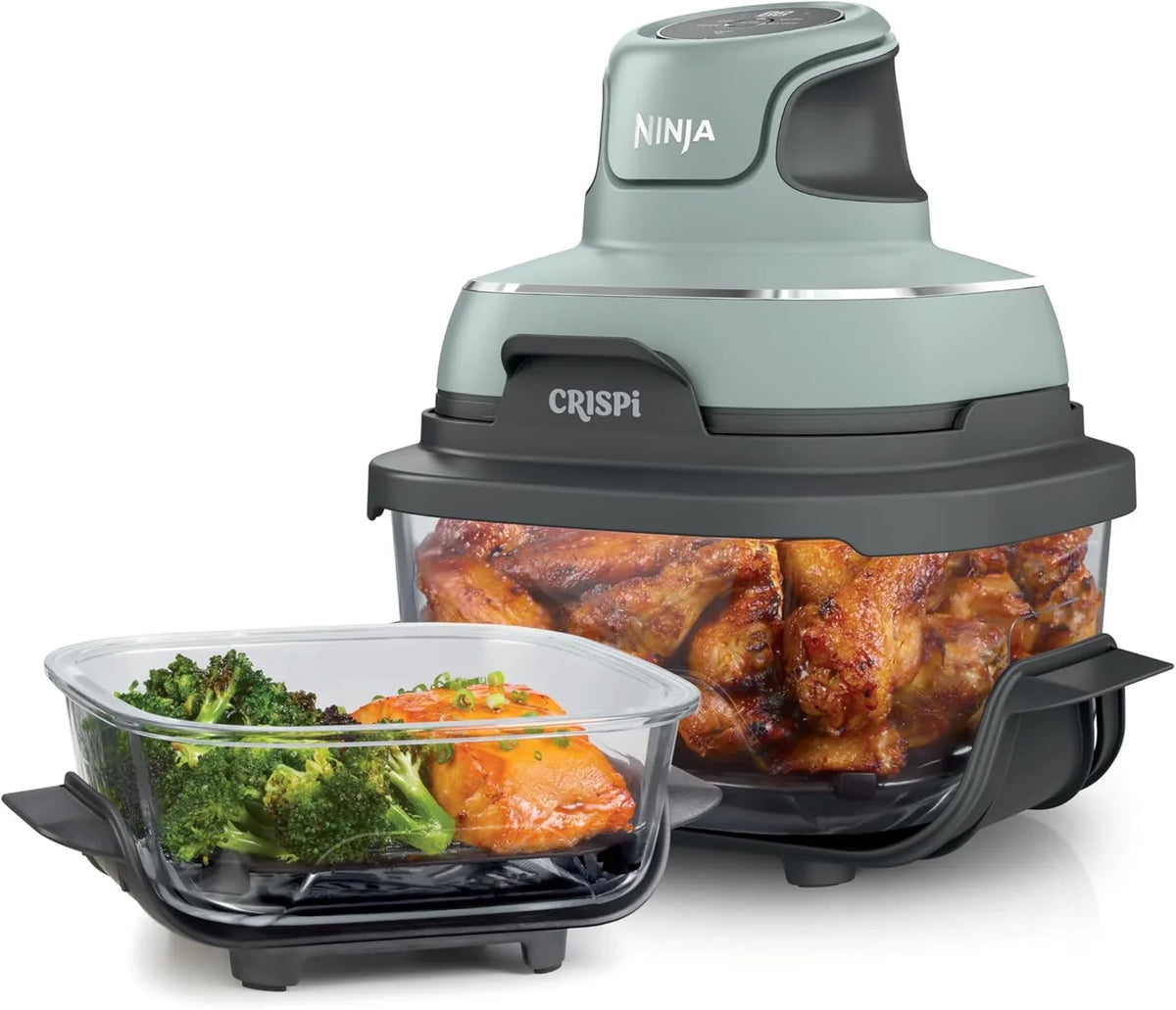Air fryer can be used in conjunction with microwave ovens, refrigerators and dishwashers. It is made of non-toxic glass material and features a portable cooking system with a capacity of 4 gallons. It comes with 6 glass containers and a sealing lid,