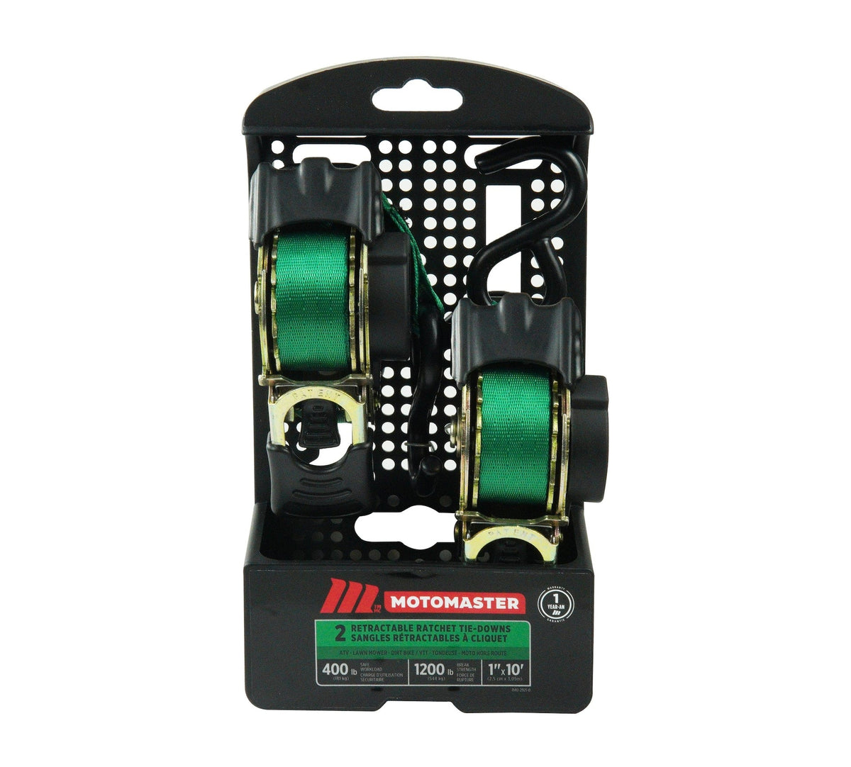 MotoMaster 1,200-lb Retractable Ratchet Tie Down Straps, 1-in x 10-ft (2.54 cm x 3 m), 2-pk