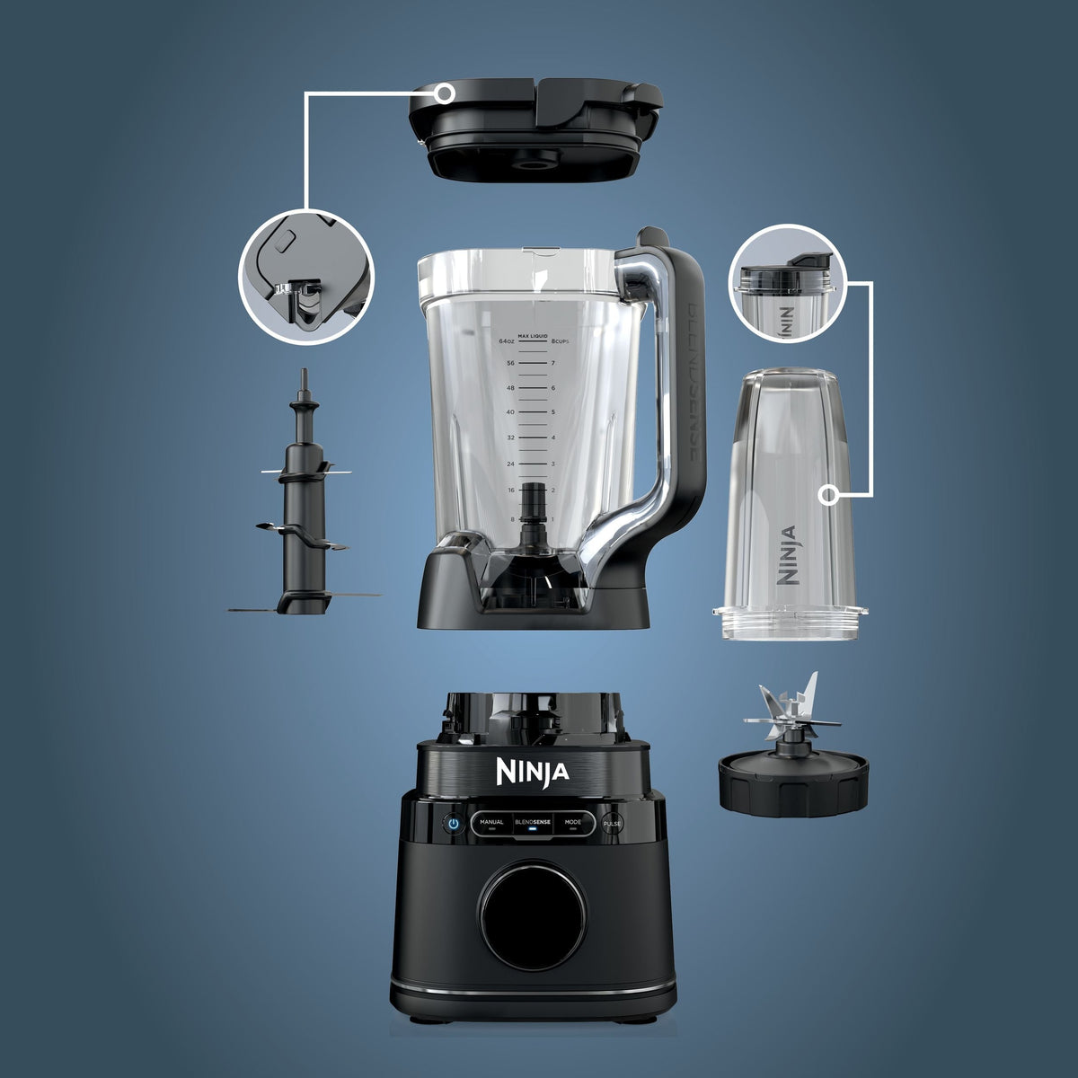 Ninja BlendSense Duo Blender with 72-oz Full-Size Pitcher & Pre-Set Programs, Includes Two 24-oz Single-Serve Cups, 1800W