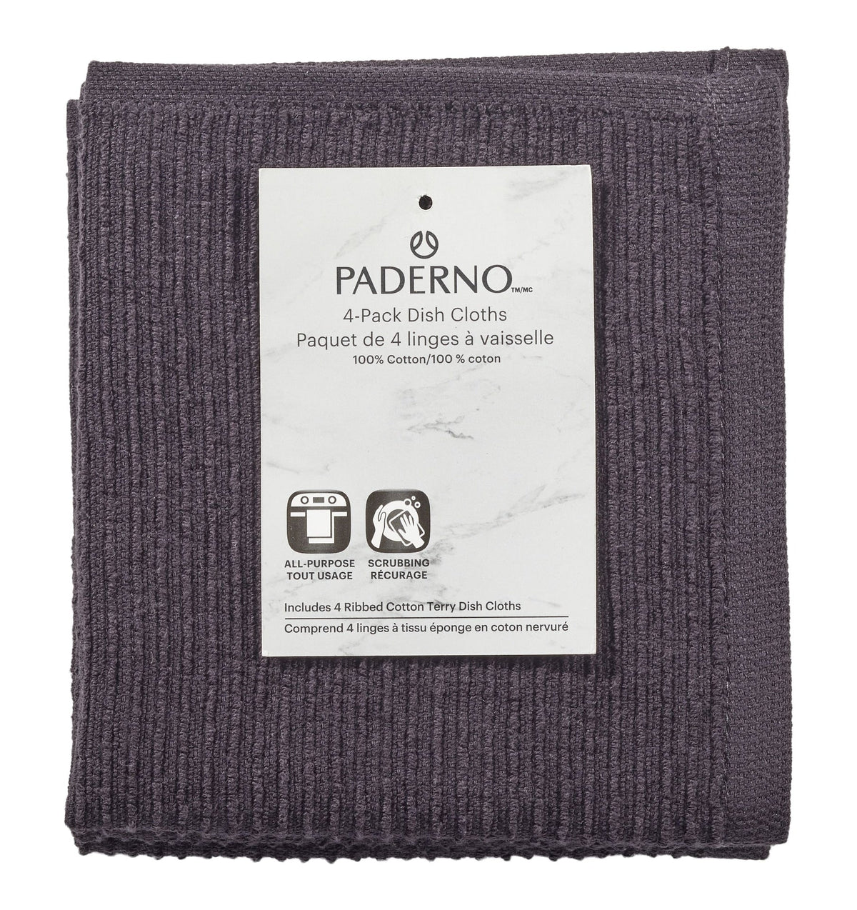 PADERNO All-Purpose Ribbed Cotton Terry Square Dish Cloths, Black, 4-pk