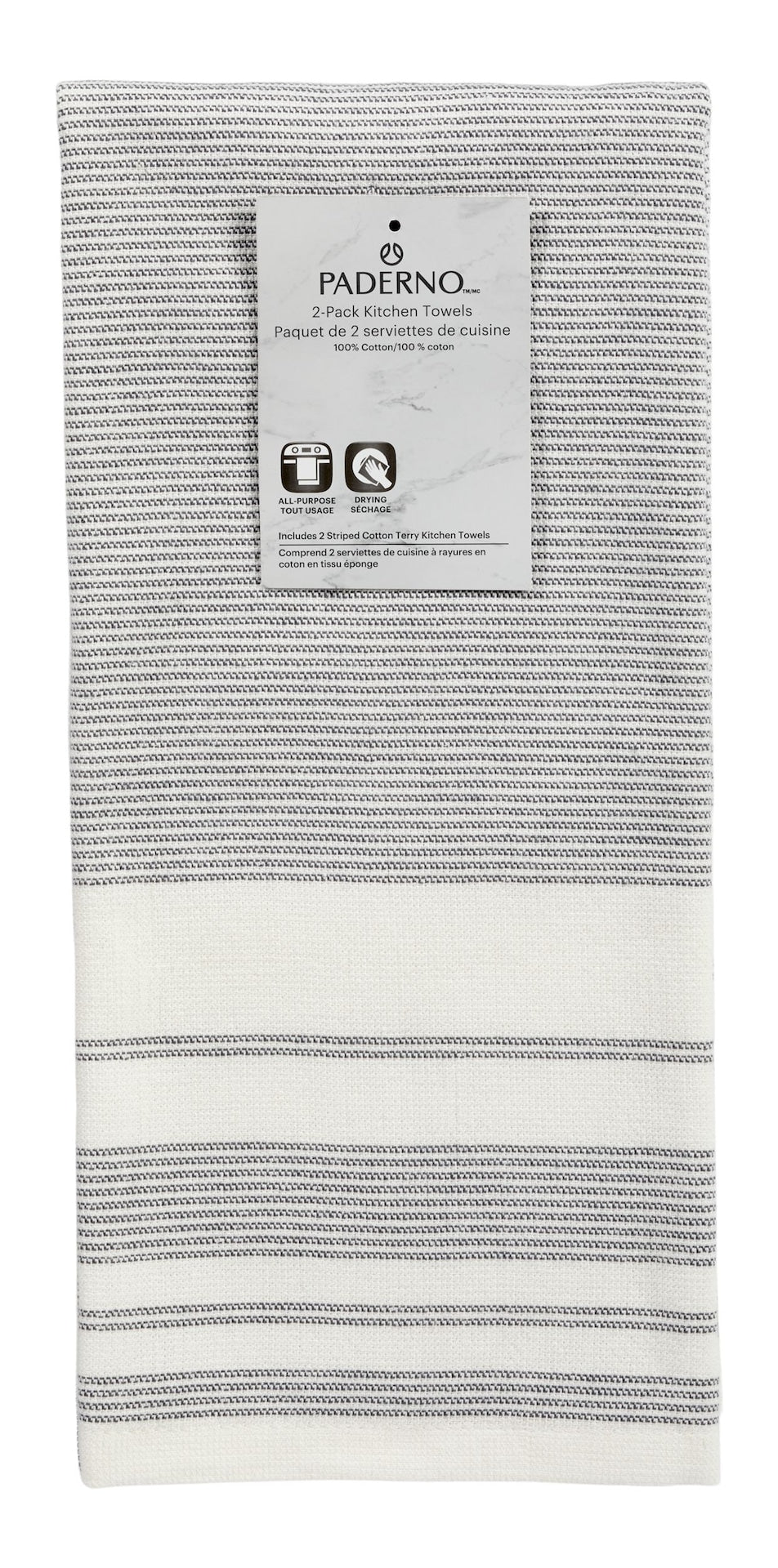 PADERNO All-Purpose Striped Cotton Terry Kitchen Towels, Grey, 2-pk