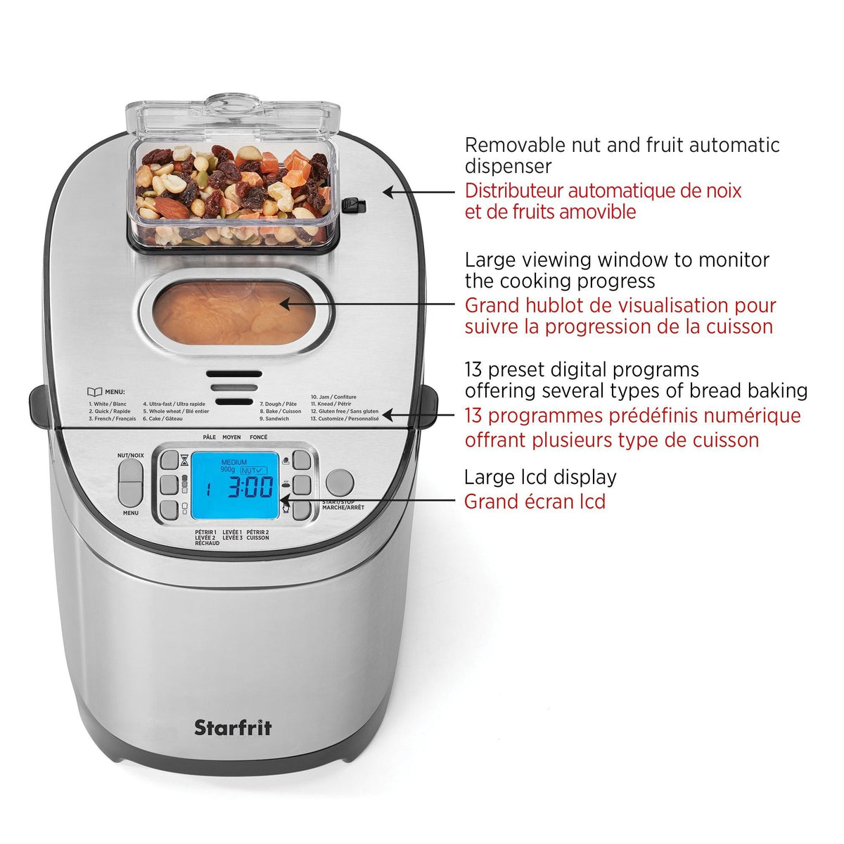Starfrit Bread Maker with 12 Digital Functions, Stainless Steel, 2lb