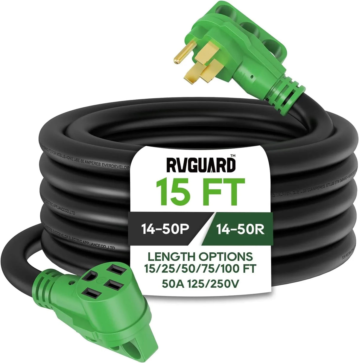 50 Amp 50 Foot RV/EV Extension Cord, NEMA 14-50P/R Heavy Duty Extension Cord with LED Power Indicator and Cord Organizer, Green, ETL Listed