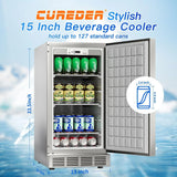 15 Inch Outdoor Refrigerator, Weather Proof Stainless Steel Beverage Beer Cooler Under Counter Fridge, Indoor/Outdoor Refrigerator with 3 Shelves for Patio Kitchen and Commercial Use