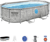 The robust steel swimming pool "Horizon Series II" - a 14 feet x 8 feet 2 inches x 39.5 inches outdoor above-ground pool package, equipped with a 530 liter/minute filtration pump, ladder and pool cover.