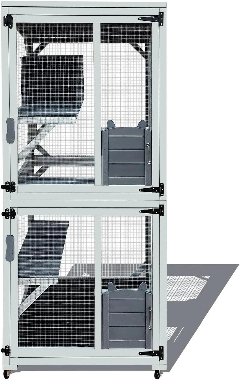 62.6-inch wooden outdoor cat house, large cat cage room, equipped with 7 platforms, 2 rest boxes and a rainproof roof, suitable for multiple pets to use. Step-in cat apartment shelter, white model
