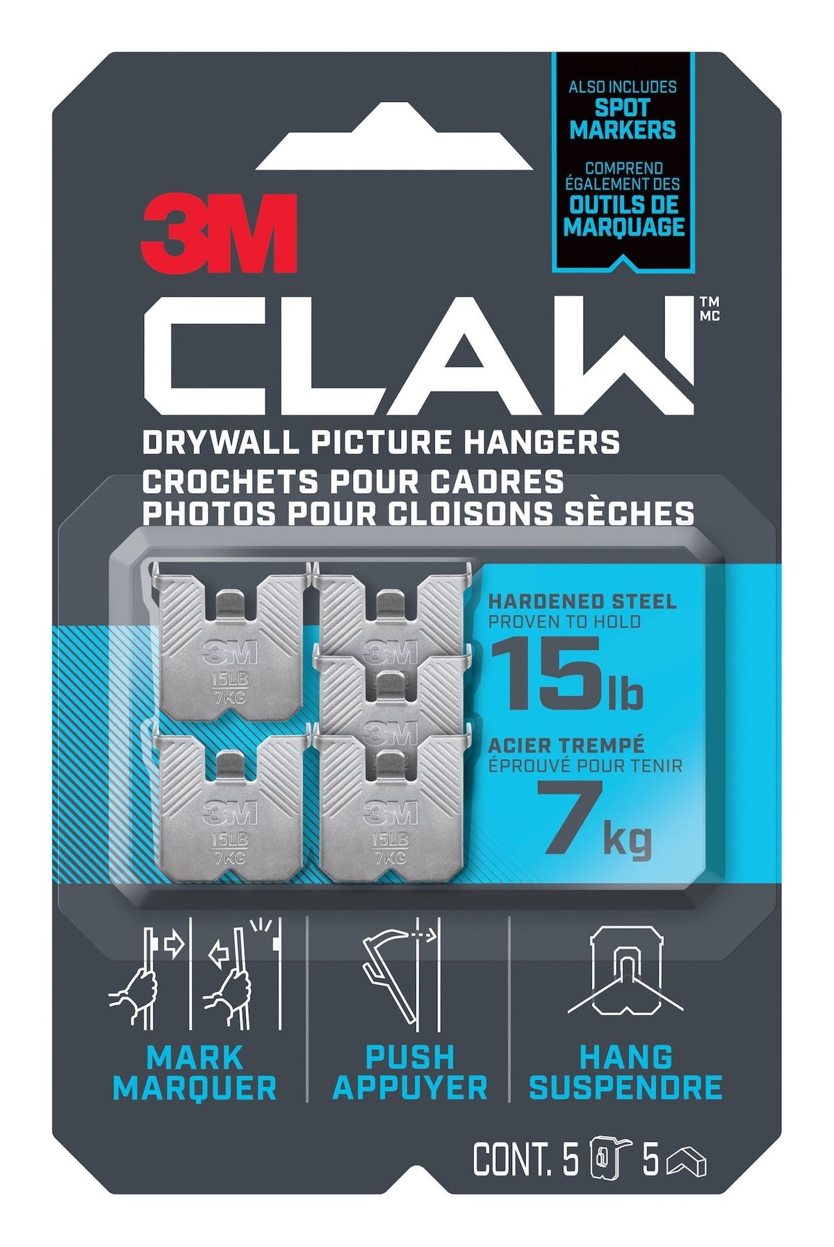 3M Claw DrywAll Picture Hanger, 15-lb Capacity, 5 Hangers per Pack
