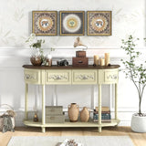 Retro game console table with drawer, 52-inch narrow sofa table with open shelves, table with storage function at the half-moon entrance, solid wood legs, entrance table for retro living room corridor, beige color scheme