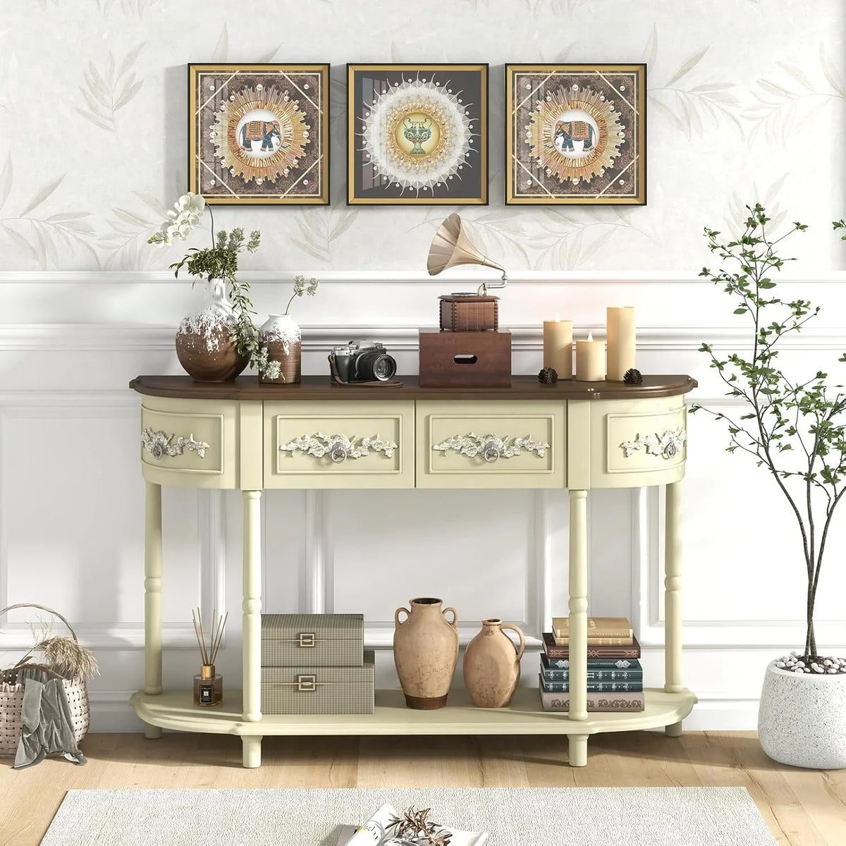 Retro game console table with drawer, 52-inch narrow sofa table with open shelves, table with storage function at the half-moon entrance, solid wood legs, entrance table for retro living room corridor, beige color scheme