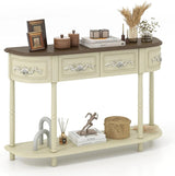 Retro game console table with drawer, 52-inch narrow sofa table with open shelves, table with storage function at the half-moon entrance, solid wood legs, entrance table for retro living room corridor, beige color scheme