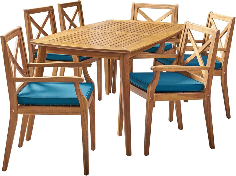 7-piece cherry wood dining set, teak surface / blue