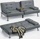 Futon Sofa Bed, Leather Futon Couch with Removable Armrests, Adjustable Recliner Sleeper Sofa Bed with Dual Cup Holders for Living Room, Apartment, Office (Black)