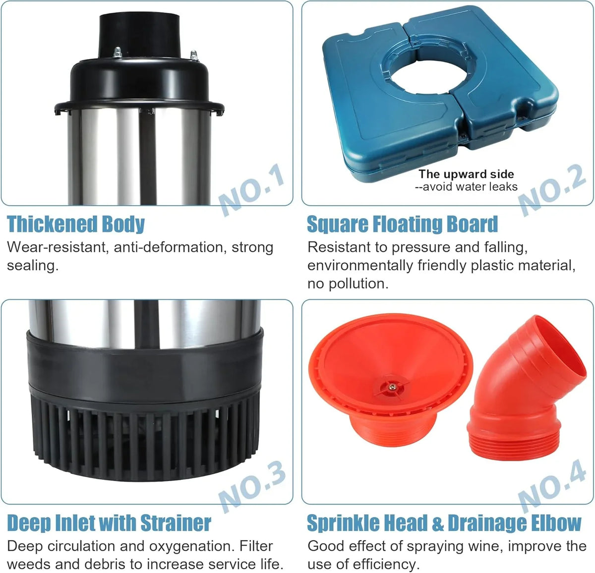 Pool fountain aerator, F2-2 type, 1 horsepower, 750 watts, 110 volts, stainless steel floating fountain, equipped with 100 feet power cord, suitable for fountain waterfalls pumps and hydraulic systems in small and large ponds and lakes.