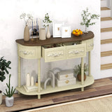 Retro game console table with drawer, 52-inch narrow sofa table with open shelves, table with storage function at the half-moon entrance, solid wood legs, entrance table for retro living room corridor, beige color scheme