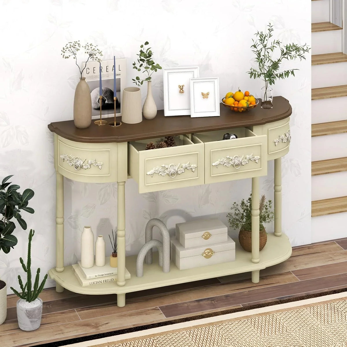 Retro game console table with drawer, 52-inch narrow sofa table with open shelves, table with storage function at the half-moon entrance, solid wood legs, entrance table for retro living room corridor, beige color scheme