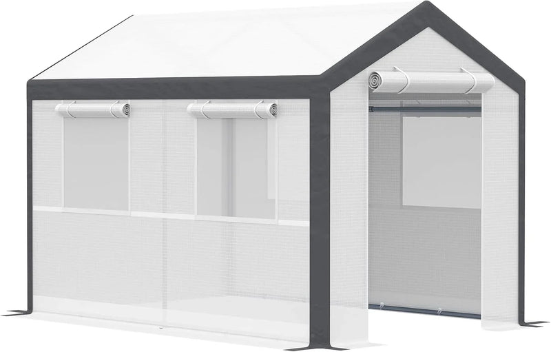 A 20-foot x 10-foot x 9-foot walk-in green house with an outdoor garden greenhouse, equipped with 6 roll-up windows, 2 zipper doors and a rain cover, in white color.