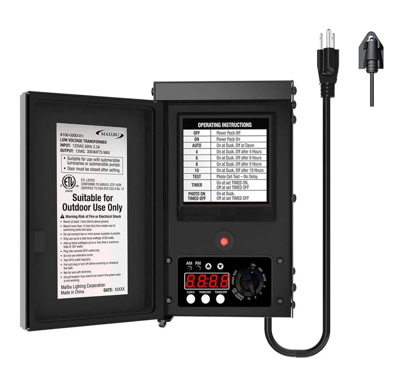 600W low-voltage transformer, outdoor landscape lighting transformer, 120V AC to 12V AC conversion, equipped with sensor and rain cover, suitable for garden LED lighting, spotlights, sidewalk lights
