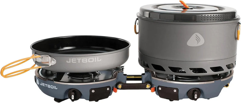 Backpack camping cooking equipment system, including camping cookware, suitable for backpacking and camping use.