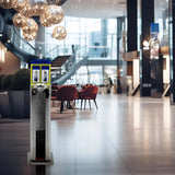 Automatic wet umbrella packaging machine, stainless steel single-slot umbrella bag distributor bracket, equipped with 1000 long umbrella bags and warning signs, suitable for commercial shopping centers, hotels, in silver color.