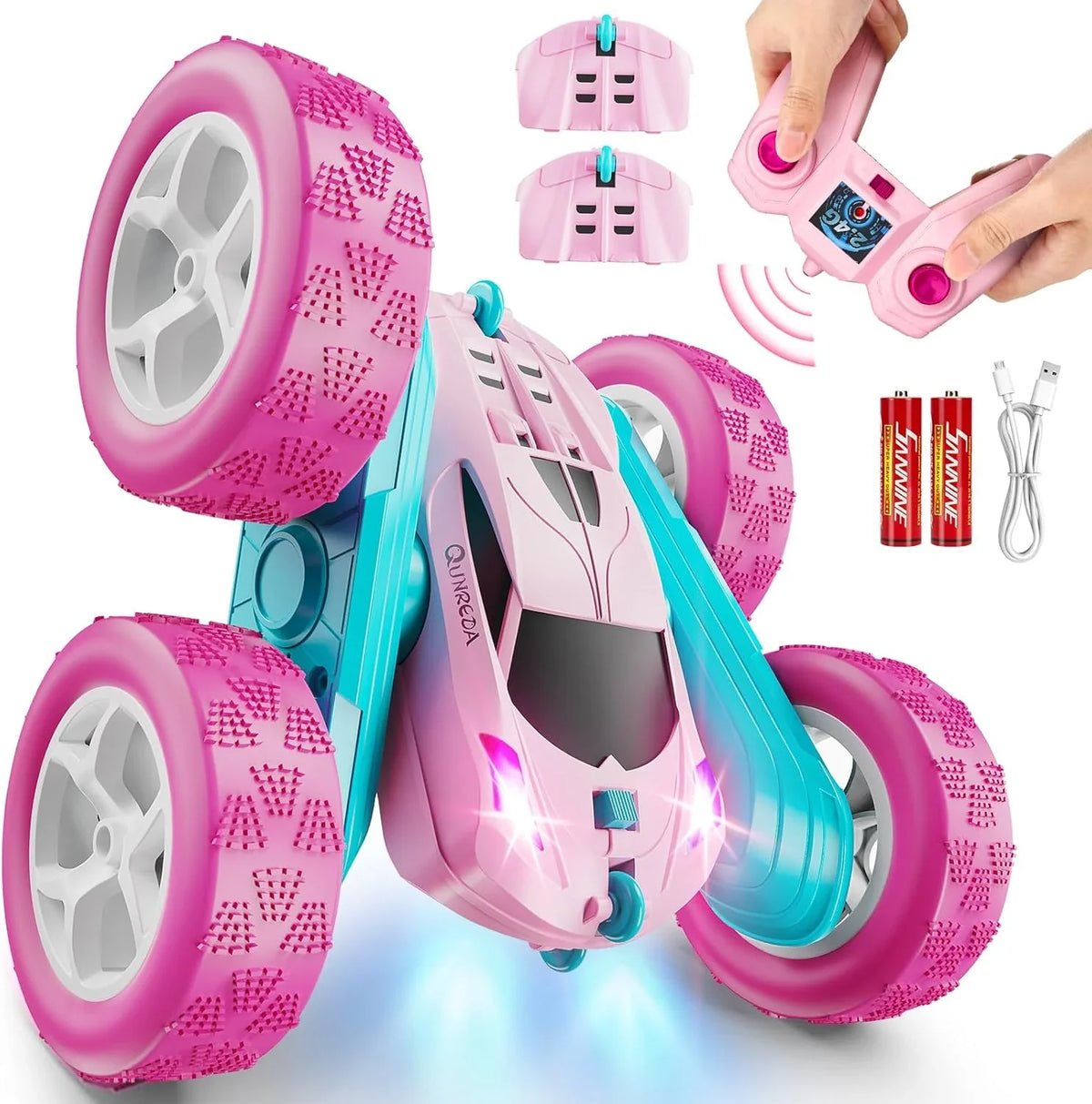 Children's version remote control car (suitable for children over 6 years old), RC car stunt toy, four-wheel drive, double-sided design, 360° rotating remote control, with headlights, is a birthday or Christmas gift for boys aged 6, 7, 8, 9, 10, 11,