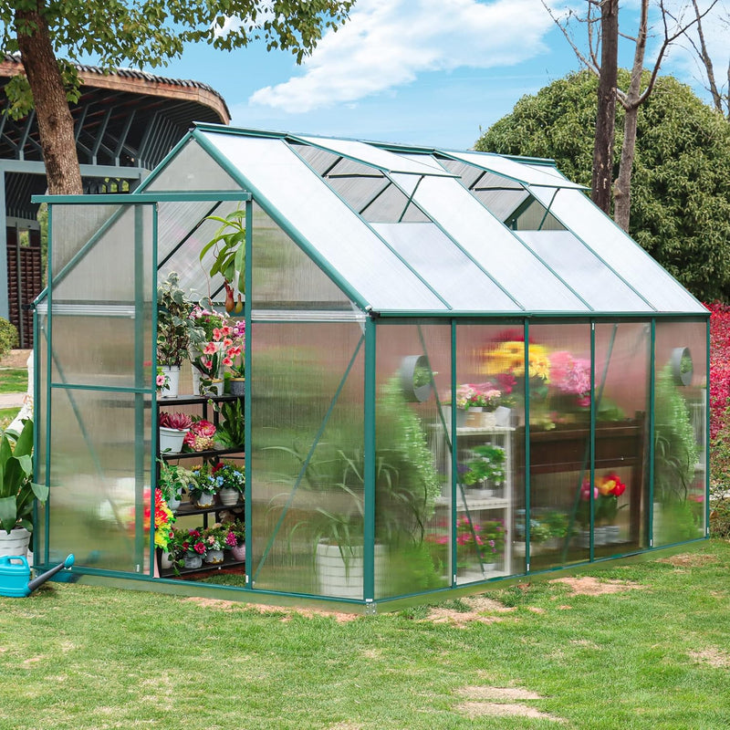6'x10' Walk-in Greenhouse with 4mm 800G Polycarbonate Panels - Heavy-Duty Aluminum Frame, Wind/Snow Resistant for Gardening, Includes Sliding Door & Ventilation Windows (Green)