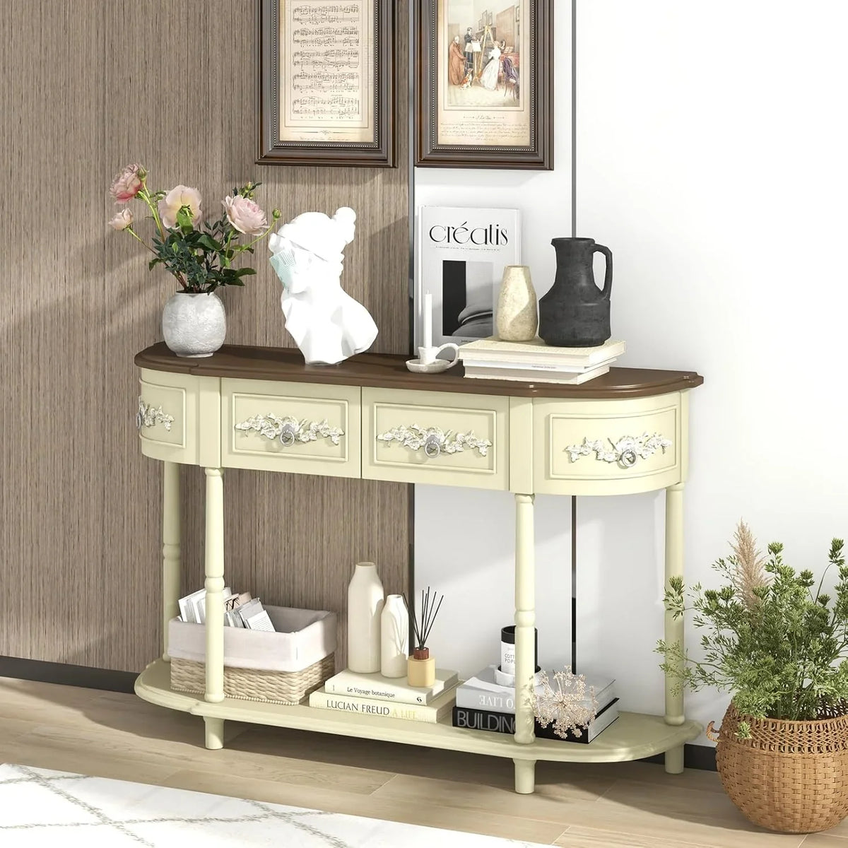 Retro game console table with drawer, 52-inch narrow sofa table with open shelves, table with storage function at the half-moon entrance, solid wood legs, entrance table for retro living room corridor, beige color scheme