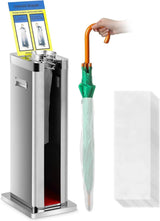 Automatic wet umbrella packaging machine, stainless steel single-slot umbrella bag distributor bracket, equipped with 1000 long umbrella bags and warning signs, suitable for commercial shopping centers, hotels, in silver color.