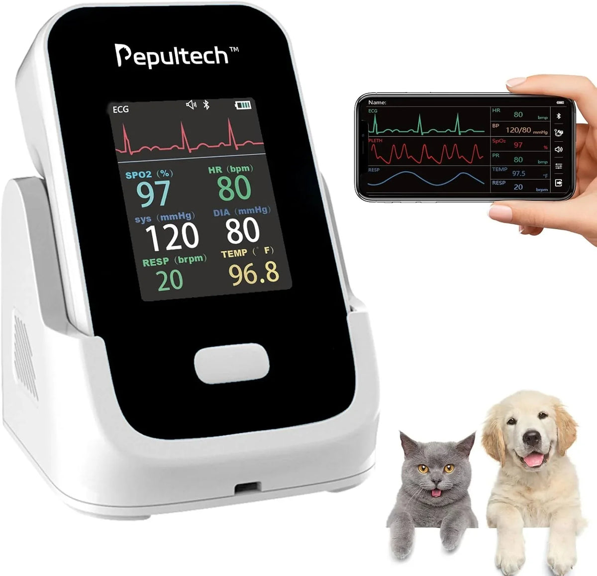 6 Parameters Veterinary Vital Signs Monitor,Bluetooth Veterinary Pulse Oximeter for Dogs, Rechargeable Blood Pressure Monitor for Pets,Oxygen Spo2 Monitoring Tools for Family Clinic Use
