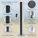 Lasko 42 in 1500W All Season Tower Fan Space Heater with Timer and Remote, White, FH500