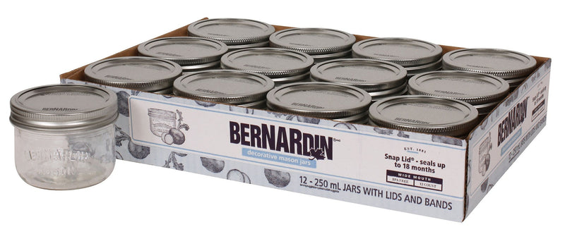 Bernardin Wide Mouth Decorative Glass Mason Jars with Snap Lids and Bands, 250 mL, 12 Count