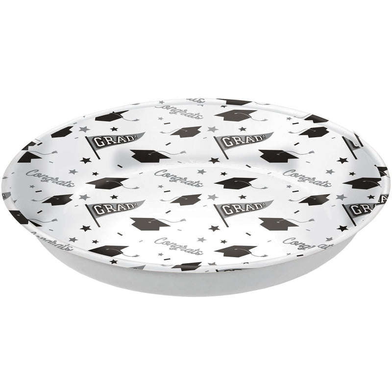 "Congrats Grad" Round Plastic Reusable Serving Bowl, White, 14-in, for Graduation
