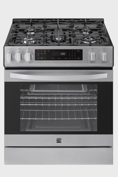 Kenmore 22-76853 5.6 cu. ft. Front-Control 5 Burner True Convection Gas Range with Oven, Large Window, Three Oven Racks, Dishwasher Safe Cast Iron...