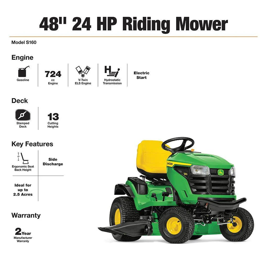 John Deere S160 48 in. 24 HP V-Twin ELS Gas Hydrostatic Riding Lawn Tractor BG21211