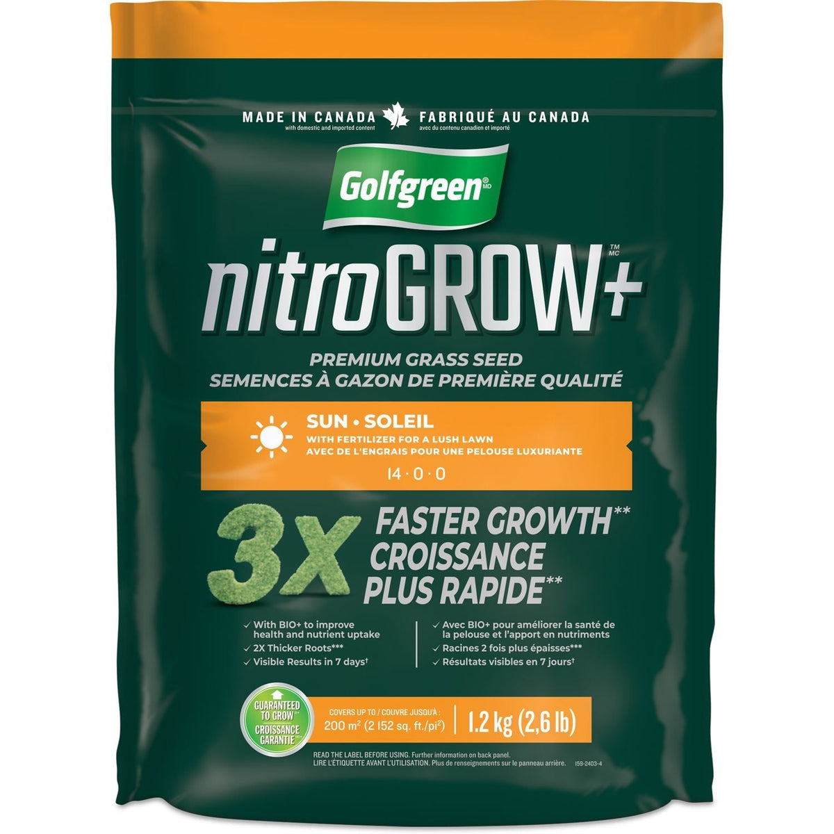 Golfgreen Nitrogrow+ Premium Nitrogen Enriched Sun Grass Seed with Fertilizer, 14-0-0, 1.2kg