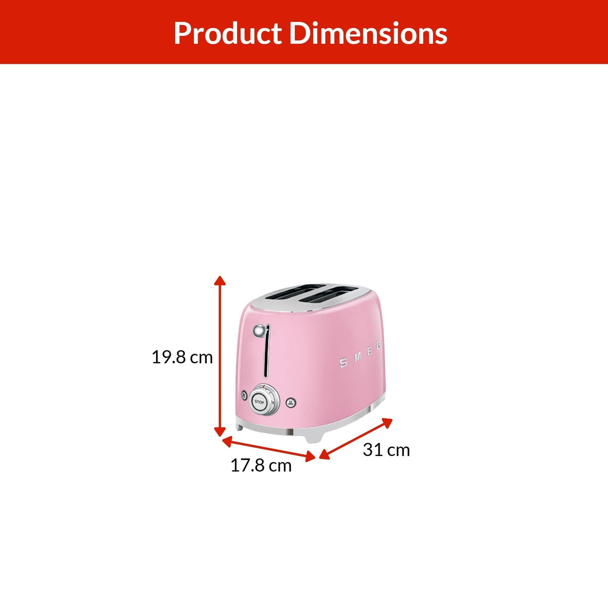 Smeg 50's Retro Style Wide Slot Pop Up Electric Toaster with 6 Settings, 2-Slice, Pink