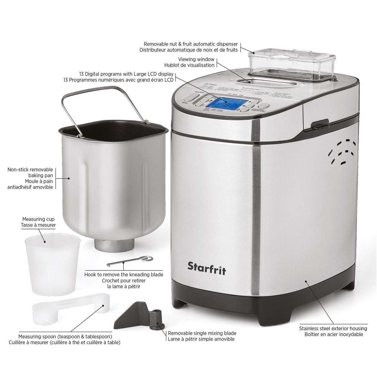 Starfrit Bread Maker with 12 Digital Functions, Stainless Steel, 2lb
